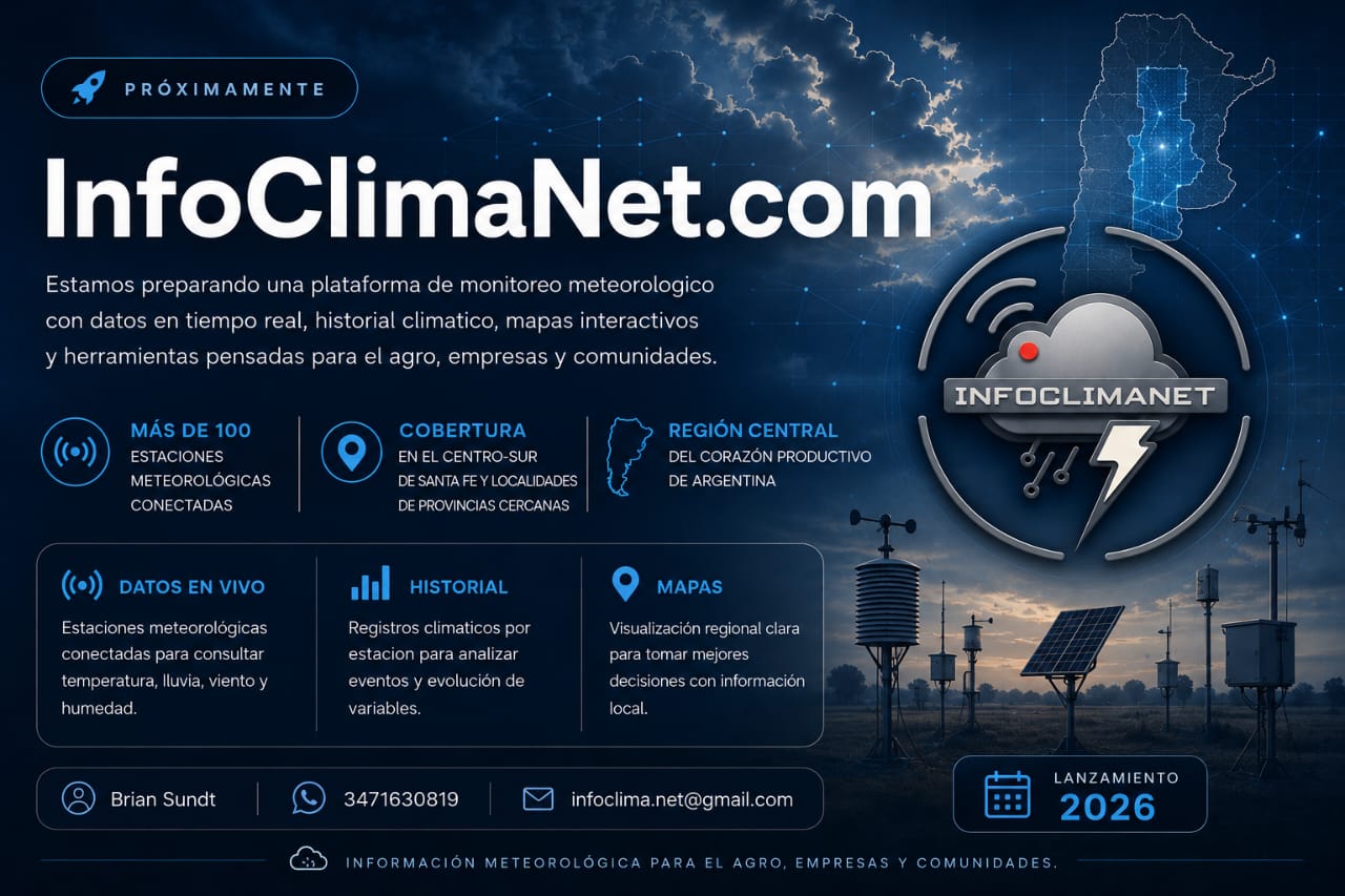Proximamente InfoClimaNet.com, plataforma de monitoreo meteorologico con datos en tiempo real, historial climatico y mapas interactivos.